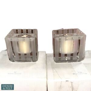 Wedgwood Crystal Votive Holder 3” Square Frosted Stripes Design Set of 2!!